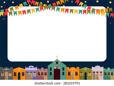 Latin American holiday, the June party of Brazil, bright night the background with colonial houses, church, lights and colored flags and place for the recording form Vector