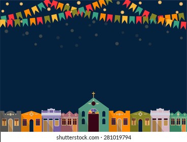 Latin American holiday, the June party of Brazil, bright night the background with colonial houses, church, lights and colored flags Vector