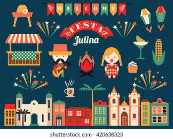 Latin American holiday, the June party of Brazil. Flat illustration with symbolism of the holiday