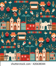 Latin American holiday, the June party of Brazil. Flat seamless pattern with symbolism of the holiday