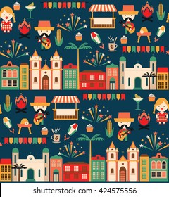 Latin American holiday, the June party of Brazil. Flat seamless pattern with symbolism of the holiday


