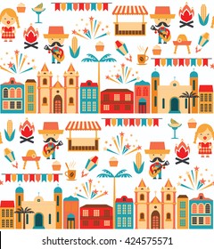 Latin American holiday, the June party of Brazil. Flat seamless pattern with symbolism of the holiday

