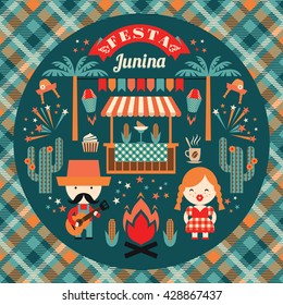 Latin American holiday, the June party of Brazil. Flat illustration with symbolism of the holiday.