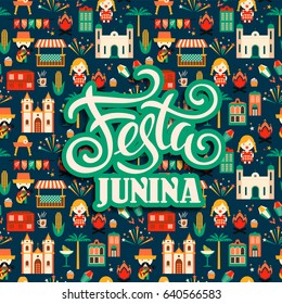 Latin American holiday, the June party of Brazil. Flat illustration with symbolism of the holiday. Festa Junina.