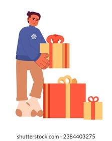 Latin american man collecting presents Xmas 2D cartoon character. Hispanic guy holding giftbox isolated vector person white background. Winter clothes sweater male color flat spot illustration