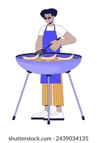 Hombre latinoamericano cocinando barbacoa 2D lineal personaje de dibujos animados. Chico asando salchichas en brasero aislado línea vector persona fondo blanco. Ilustración de punto plano de color de fiesta de cocina