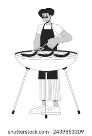 Latin american man cooking barbeque black and white 2D line cartoon character. Guy grilling sausages on brazier isolated vector outline person. Cookout party monochromatic flat spot illustration