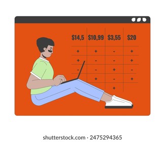 Latin american man with laptop and price chart 2D linear cartoon character. Online services user isolated line vector person white background. Choosing tariff color flat spot illustration