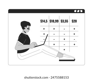 Latin american man with laptop and price chart black and white 2D line cartoon character. Online services user isolated vector outline person. Choosing tariff monochromatic flat spot illustration