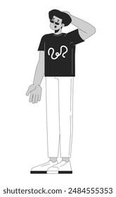 Latin american man rubbing back of head black and white 2D line cartoon character. Hispanic guy in casual clothing isolated vector outline person. Stunned emotion monochromatic flat spot illustration