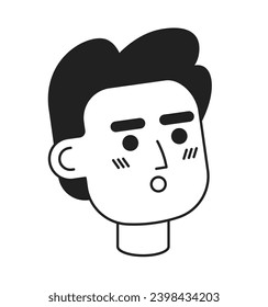 Latin american man wow astonished black and white 2D vector avatar illustration. Amazed male arab outline cartoon character face isolated. Singing open mouth flat user profile image, portrait