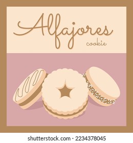 Latin american traditional alfajores cookie poster. Cute decoration for banner packaging cover menu postcard. Sweet cookie with milk jam different decor. Vector illustration.