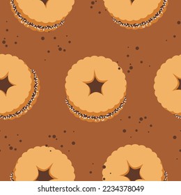 Latin american traditional alfajores cookie seamless pattern. Cute decoration for packaging template cover menu postcard. Sweet sandwich cookie with milk jam. Vector illustration.