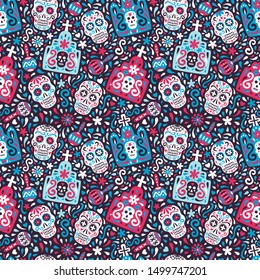 Latin american traditional Day of the Dead vector background of ethnic mariachi musical instruments, graves with skulls, crosses and flourish elements for fabric prints, wallpaper. EPS 10 illustration