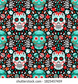 Latin american traditional Day of the Dead background of ethnic mariachi musical instruments, sugar skulls and flowers for fabric prints, wallpaper. EPS 10 vector seamless pattern.