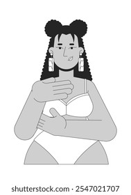 Latin american woman in brassier examining breast black and white 2D line character. Mastopathy detection. Hispanic female touching chest isolated vector outline person. Monochrome spot illustration