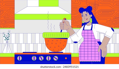 Latin american woman cooking in hat cartoon flat illustration. Hispanic female using cap as pot in kitchen 2D line character colorful background. Lifestyle scene vector storytelling image