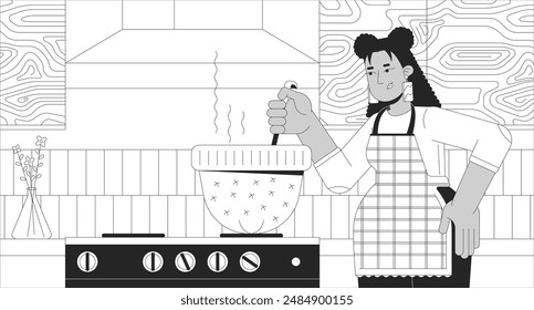 Latin american woman cooking in hat black and white line illustration. Hispanic female using cap as pot in kitchen 2D character monochrome background. Lifestyle outline scene vector image