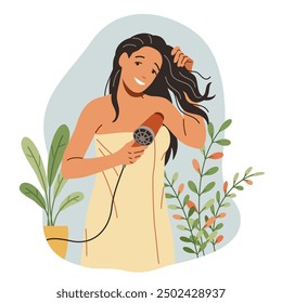 Latin American woman drying hair with hot appliance dressed in towel flat color vector illustration. Lady using blow dryer after bath concept icon on white