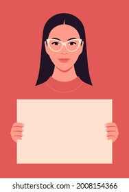 A Latin American woman holds a poster without text in her hands. Portrait of a protesting student on a white background. Feminism and women's rights. Vector illustration in a flat style