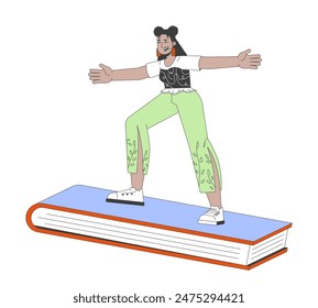 Latin american woman surfing book 2D linear cartoon character. Hispanic female reading lover isolated line vector person white background. Hobby and leisure color flat spot illustration