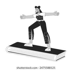 Latin american woman surfing book black and white 2D line cartoon character. Hispanic female reading lover isolated vector outline person. Hobby and leisure monochromatic flat spot illustration