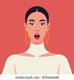 Latin American woman's frightened face. Fears and shock. Surprise. Vector flat illustration