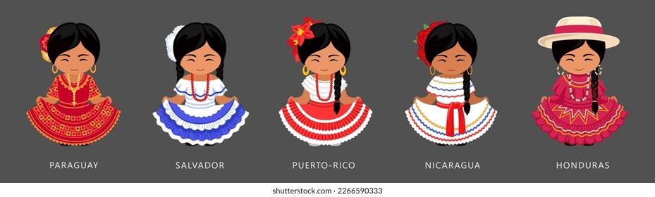 Latin American women in national ethnic dress. Cute little cartoon female characters wearing traditional folk costume. Paraguay, Salvador, Puerto Rico, Nicaragua and Honduras. Vector illustration.