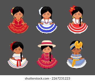 Latin American women in national ethnic dress. Cartoon characters. Little girls wearing traditional folk costume. Vector flat illustration.