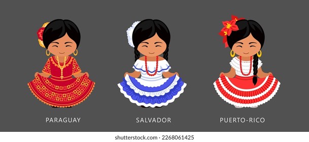 Mujeres latinoamericanas con vestimenta étnica nacional. Personajes de caricatura. Niñas paraguayas, salvadoreñas y puertorriqueñas vistiendo disfraces folclóricos tradicionales. Ilustración plana vectorial.