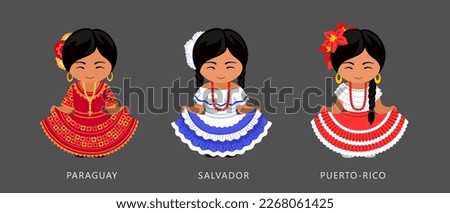 Latin American women in national ethnic dress. Cartoon characters. Paraguayan, Salvadoran and Puerto Rican girls wearing traditional folk costume. Vector flat illustration. Foto d'archivio © 