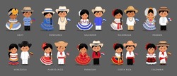 Latin Americans Couple. Haiti, Honduras, Salvador, Nicaragua, Puerto Rico Ethnic Clothes. Panama, Venezuela, Costa Rica, Paraguay And Colombia National Costume. Vector Flat Illustration.