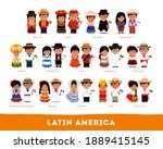 Latin Americans in national clothes. Big set of different cartoon characters in traditional costume with flag. Men and women. Vector flat illustration.