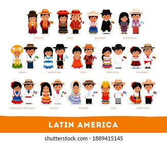 Latin Americans in national clothes. Big set of different cartoon characters in traditional costume with flag. Men and women. Vector flat illustration.