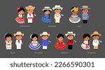 Latin Americans wearing national costume. Belizeans, Salvadorans, Paraguayans, Nicaraguans, Haitians, Puerto Ricans, Hondurans people. Couple in ethnic dress with national flag. Vector illustration