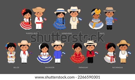 Latin Americans wearing national costume. Belizeans, Salvadorans, Paraguayans, Nicaraguans, Haitians, Puerto Ricans, Hondurans people. Couple in ethnic dress with national flag. Vector illustration Foto d'archivio © 