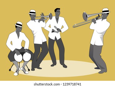 Latin Band. Four Latin Musicians Playing Bongos, Trumpet, Claves And Trombone.