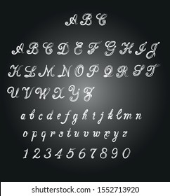 Latin big, chalk ,cargraphic ABC on black background . Isolated illustration . Concept for logo, icon, cards, web design 