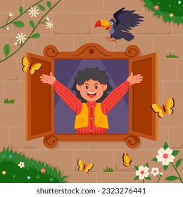 Latin boy open up the window and see flower garden.