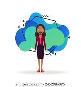 Latina mujer de negocios personaje Ilustración vectorial plana. Mujer feliz en ropa formal. Concepto de negocio, gestión, marketing, oficina para Diseño web, Anuncio o página de destino