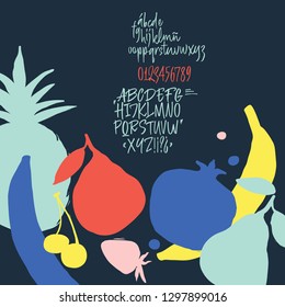 Latin calligraphic brush font with fruit in bright colors 