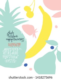 Latin calligraphic brush font with fruit in bright colors 