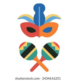 Latin carnival feather mask and maracas icons in flat design. Mexican masquerade festival face wear and rumba shakers.