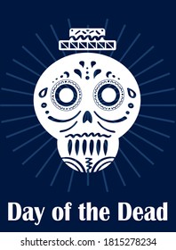 Latin Celebration Day of the dead poster. Ornate white sugar skull on dark blue background. Vector illustratin. De los Muertos Mexican November national festival.