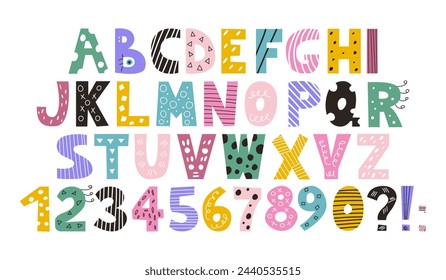 Latin colorful alphabet and numbers from 0 to 9 in the style of doodles. Cute bright vector English capital letters, funny hand drawn font.