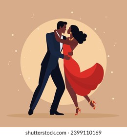 Una pareja de latinos bailando tango, bailando patacionado. Diseño plano sin ilustración facial