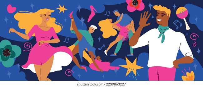 Latin dance horizontal composition with doodle style characters of dancing men and women with fancy icons vector illustration