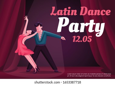 Latin dance party banner flat vector template. Brochure, poster concept design with cartoon characters. Rumba competition, tango classes horizontal flyer, leaflet with place for text