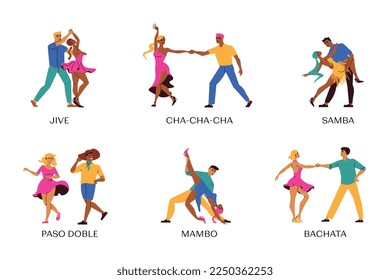 Conjunto de composiciones de danza latina con vistas aisladas de pares de bailes con subtítulos de texto que representan ilustración vectorial de estilo