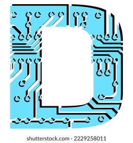 Latin digital letter D perforated with PCB circuit board tracks isolated on white. Colored capital initial letter for headlines of modern digital world. Vector design element.